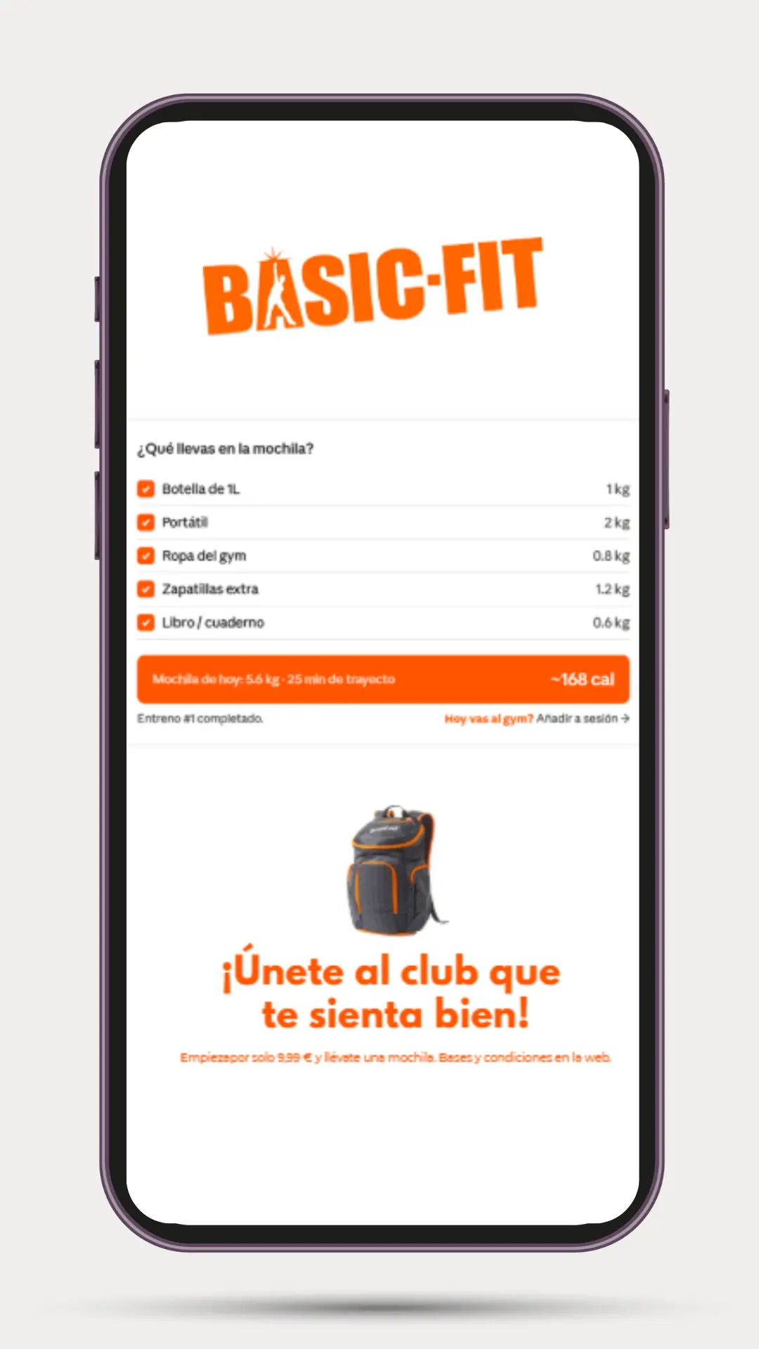 Calculadora interactiva de Basic Fit con los items del día a día y el total de calorías calculado.
