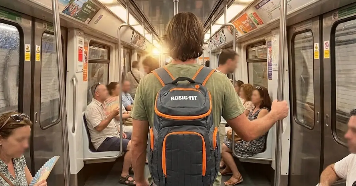 Persona en el metro de Madrid con mochila Basic Fit a la espalda. El activo más distribuido de la marca.