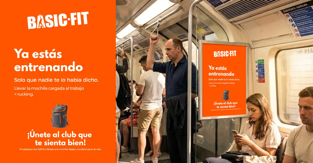 Tres variantes del sticker de campaña Basic Fit: fondo naranja, negro y blanco con los distintos copies.
